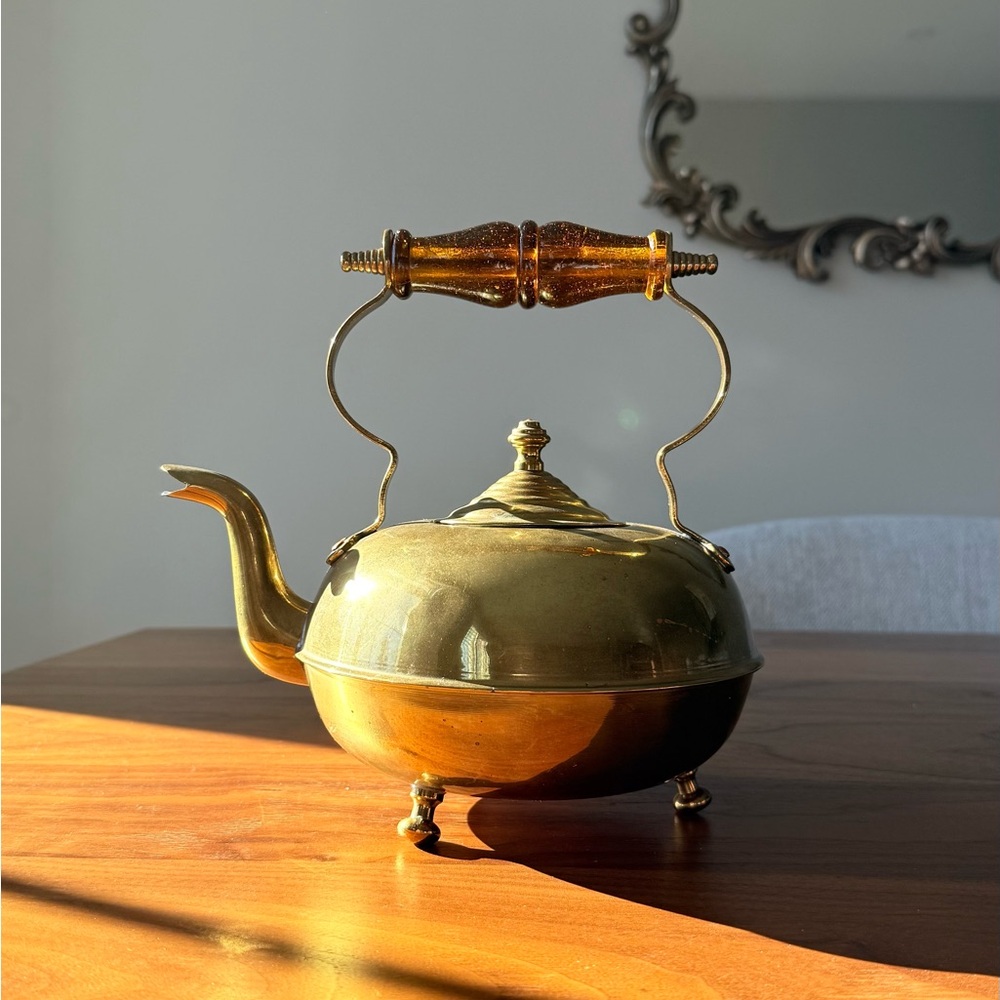 gorgeous brass kettle has a sweet amber handle.